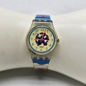 Swatch Blue White Ocean Motif Red Cloud 26mm Silicone Band 1992 Vintage Watch